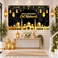 Nouvelle bannière en polyester 2027 pour l'Aïd Moubarak, toile de fond noire et or, Ramadan Kareem, mosquée, lanterne, lune, étoile, pour décoration de fête et photos