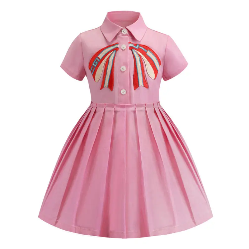 New design kids baby clothes Girls Embroidered Lapel Pleated Dress For girls floral dress