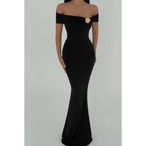 Luxurious Black Evening Dress Brooch Detail Rhinestone <b>Decoration</b> Empire Waistline Short Sleeves XS-XL Plus for <b>Prom</b> Party ODM - Product Image 3