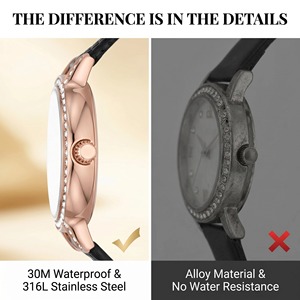 Montres OEM pour femmes, <span class=keywords><strong>montre</strong></span> à quartz, <span class=keywords><strong>or</strong></span> rose, lunette sertie de diamants, cadran en nacre, bracelet en cuir <span class=keywords><strong>noir</strong></span>, élégante - Product Image 4