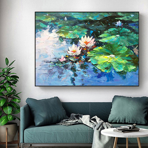Quadro Decorativo per Soggiorno, Regalo, Dipinto a Mano 100% con Olio su Tela, Laghetto di Loto Dorato con Fiori di Loto Verdi - Product Image 5