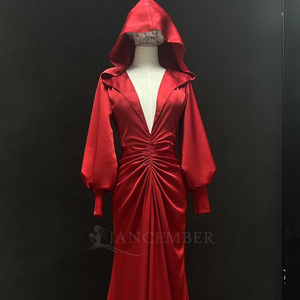 Vestido de Noche Rojo con Capucha Nt12, Manga Larga, Cuello en V Profundo, Estilo Sirena, de Seda, Elegante, para Eventos Formales, Jancember - Product Image 5
