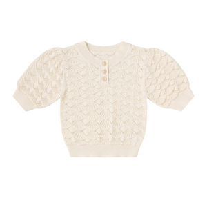เสื้อถักเด็กผู้หญิง แขนสั้น คอวี ติดกระดุม แบบครอป ลายตาไก่ - Product Image 6