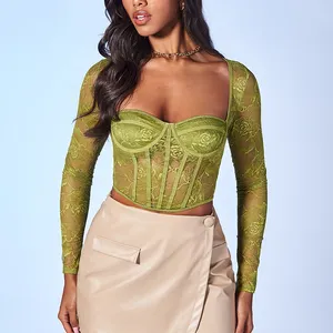 Custom Mesh Sexy Vintage Ladies Fashion Long Sleeve Corset Top For Women Going Out Party Crop Top