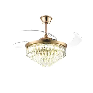 42 48 52 Inch Decorative Chandelier Retractable Invisible Crystal Ceiling Fan With Multicolor Bright Led Light Lamp
