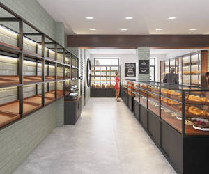 Diseño Interior Moderno para Cafetería y Panadería, Muebles Personalizados para Exhibición de Pan y Pastelería, Madera de Nogal y Metal Negro, Equipamiento Completo para Panadería - Product Image 1