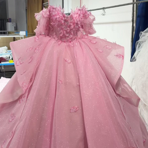 LSBB43 Modern Pink <b>Glitter</b> Beading Lace Crystal Natural Waistline Sweetheart Appliqued Flower Quinceanera <b>Ball</b> Gowns Dress - Product Image 2