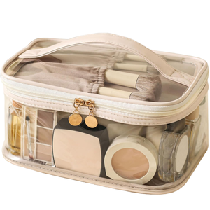 Sac de maquillage transparent en gros, organiseur de cosmétiques rose, sac de voyage étanche en PVC, sacs de maquillage personnalisables avec logo - Product Image 1