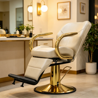 Sillón de Barbería Hidráulico Reclinable, Silla de Estilismo de Salón en Cuero Sintético Beige con Reposabrazos Dorado para Peluquería y Belleza