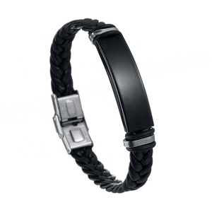 Classic <b>Mens</b> <b>Leather</b> <b>Bracelet</b> Wholesale Stainless Steel Engraved Blank Charm Double Wrap Braided <b>Leather</b> <b>Bracelet</b> for <b>Men</b> - Product Image 5