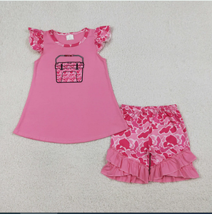 Conjunto de Ropa de Verano para Niñas, Camiseta Rosa con Bordado de Caja de Pesca GSSO3002 y Pantalones Cortos de Camuflaje, Gran Venta - Product Image 5