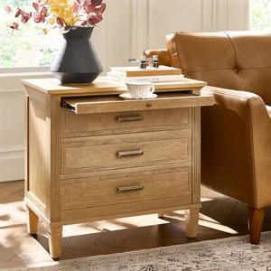 Farmhouse Nightstand Charging Station Pull-Out <strong>Tray</strong> 3 Drawers Solid Wood Legs Wood Veneer <strong>Bedside</strong> <strong>Table</strong> Open - Product Image 3
