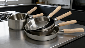 Poêle en acier inoxydable <span class=keywords><strong>de</strong></span> haute qualité, durable, <span class=keywords><strong>de</strong></span> fabrication allemande et italienne, avec poignée en bois et caoutchouc, adaptée aux cuisinières à <span class=keywords><strong>induction</strong></span>, au gaz et à l'électricité - Product Image 3