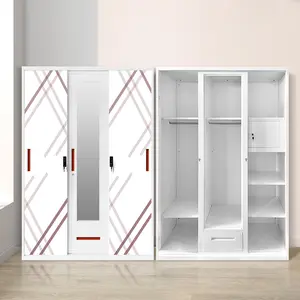 Mobília home almirah metal com espelho 3 porta deslizante ferro armazenamento padrão armário aço quarto guarda-roupa