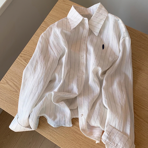 Chemise boutonnée en lin rayée pour femme, manches longues, coupe ample, col rabattu, décontractée, printemps-été - Product Image 3