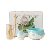 Ensemble de cérémonie du thé japonais en porcelaine : support Chasen, bol à Matcha à motif vague en relief, kit cinq pièces, design fleur de cerisier en poudre, durable et écologique