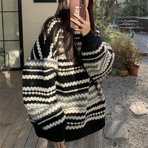 Women's Vintage Striped Pullover Loose Mid-Length <strong>Knitted</strong> Top <strong>Big</strong> <strong>Sweater</strong> for Spring Autumn Winter-Lazy Style - Product Image 4