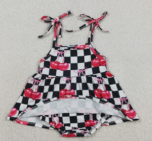 Sibling Baby Girls Black Checked Cherry Tunic Short <b>Clothes</b> Set Strap Bummies Rompers - Product Image 3