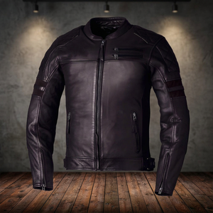 Blouson de moto en cuir véritable pour homme, col montant, fermeture éclair, coupe ajustée, style motard, coupe-vent, pour l'automne - Product Image 2