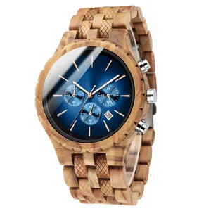 Vintage Mens Quartz Chronograph Movement Natural Handmade Olive Wooden Wristwatch Men Sport Watches