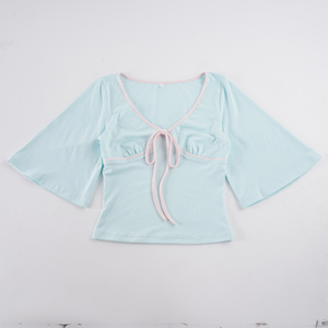 Camiseta de punto transpirable para mujer, estilo vintage, con ribete en contraste, cuello en V, lazo frontal, ajuste ceñido, manga media, informal, Y2K, Balletcore, patchwork - Product Image 6