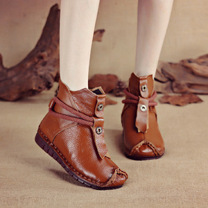 Winter Genuine Leather <strong>Ladies</strong> Ankle <strong>Short</strong> Boots Flat Flower Round Toe Plush Platform <strong>Lady</strong> Shoe Waterproof Ankle Bootie for Women - Product Image 2