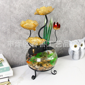 Pecera de Escritorio con Fuente de Agua Corriente, Redonda, de Vidrio y Hierro, Decoración Minimalista para Oficina - Product Image 2