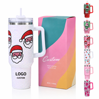 Gobelet isotherme personnalisé en acier inoxydable de 40 oz à double paroi avec poignée et paille, finition strass scintillante, idéal pour les cadeaux de Noël