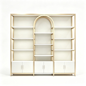 Modern Gold Metal and <strong>White</strong> <strong>Display</strong> Shelving <strong>Unit</strong> with Center Arch and Bottom Storage for Boutique Retail Store - Product Image 1