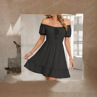 AUSELILY Robe d'été unie pour femme, col carré, taille haute, manches bouffantes, décontractée, poches élastiques, mini-robe