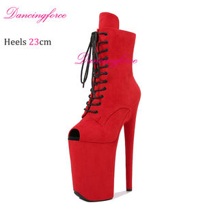 Rouge 23cm 9 pouces talons hauts Faux daim Sexy bout ouvert pôle danse bottines Zip automne été décapant plate-forme chaussures pour femmes - Product Image 6