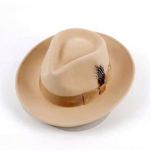 Sombrero Fedora de Lana Unisex H628B con Cinta y Pluma, Gorra Jazz de Ala Ancha para Iglesia y Exteriores, Talla Adulto, Sombrero Homburg de Lana - Product Image 1
