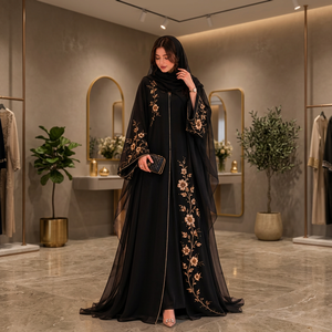 Elegante Abaya Negra con Bordado Floral, Manga Larga, Cuello Alto, Vestido de Fiesta para Mujer, Estilo de Oriente Medio - Product Image 3