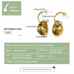 Pendientes de Aro con Perlas Ovaladas, Acero Inoxidable, Chapado al Vacío en Oro de 14K, Perlas de Imitación - Product Image 3