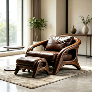 <span class=keywords><strong>Fauteuil</strong></span> en fibre de verre à cadre courbé en grain de noyer avec repose-pieds en cuir marron pour un espace de vie moderne - Product Image 1