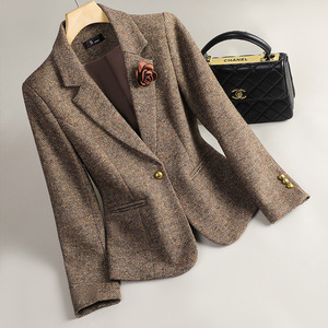 Pink Wool Blazer Women Houndstooth Pattern Single Button Casual Suit Jacket Spring Autumn Wear - Product Image 2