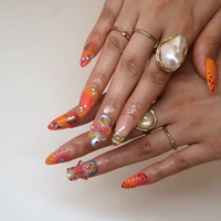 Ongles à presser en acrylique, forme amande, longueur moyenne, avec papillons 3D et strass colorés, dégradé orange rose vif, vente en gros