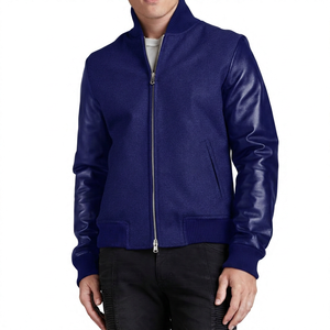 Chaqueta Bomber Gris para Hombre con Mangas de Cuero PU Negro, Cuello Alto, Cierre de Cremallera, Prenda Informal para Invierno - Product Image 2