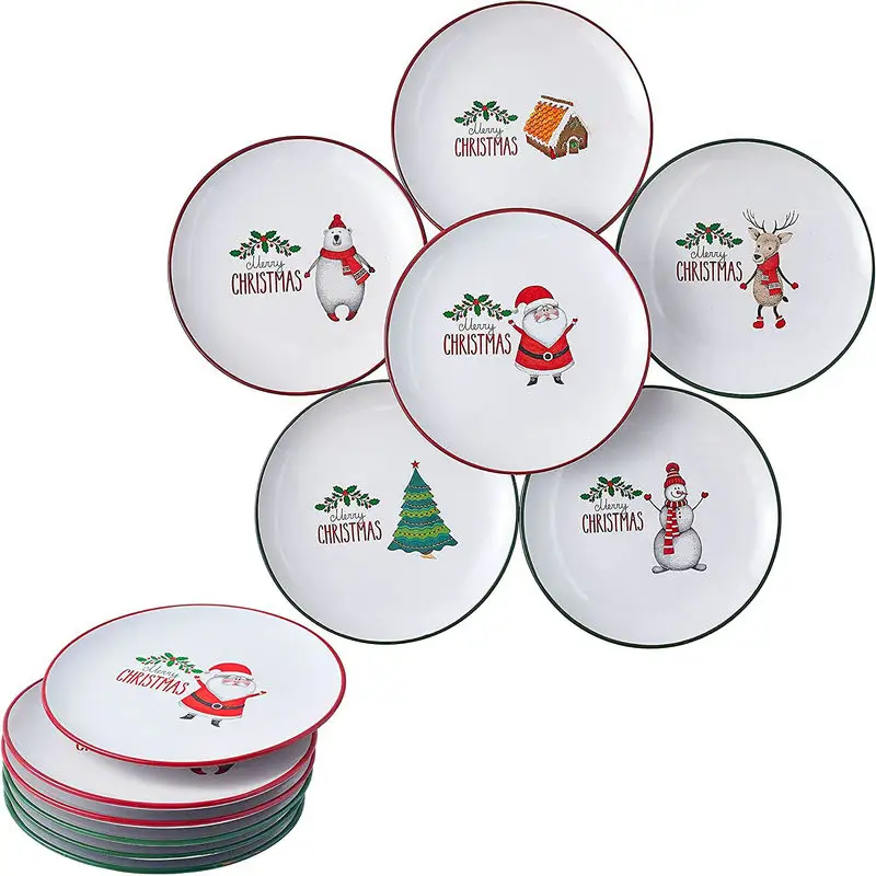 Керамические тарелки для ужина, тарелки без меламина, рождественские тарелки, набор из 6 высококачественных керамических тарелок 8 дюймов, круглая пигментированная тарелка