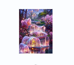 DIY 5D Diamond Painting Kits for Adults Pink Flower House Full Round Drill Diamond Art Kits for DIY Art for Home Wall Decor 12x