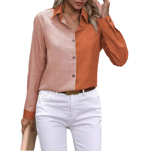 2026 Vintage Women's Loose Single-Breasted Casual <b>Shirt</b> Solid Color <b>Patchwork</b> Design Turn-Down Collar Long Breathable Front - Product Image 1