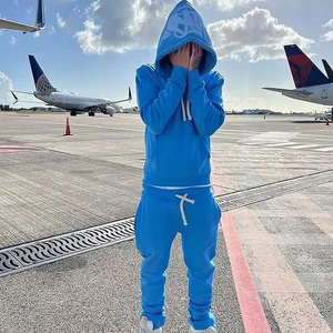 OEM Biểu Tượng Tùy Chỉnh Người Đàn Ông Của 2 Mảnh Bông Áo Đặt Đau Khổ Thêu Phun In Ấn Jogger Tracksuit Áo Và Quần Bó Sát Thiết Lập - Product Image 1