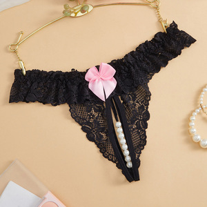 Culotte string en dentelle noire avec insertion de perles, entrejambe ouvert, stimulation pour adultes, sous-vêtements de style européen - Product Image 1