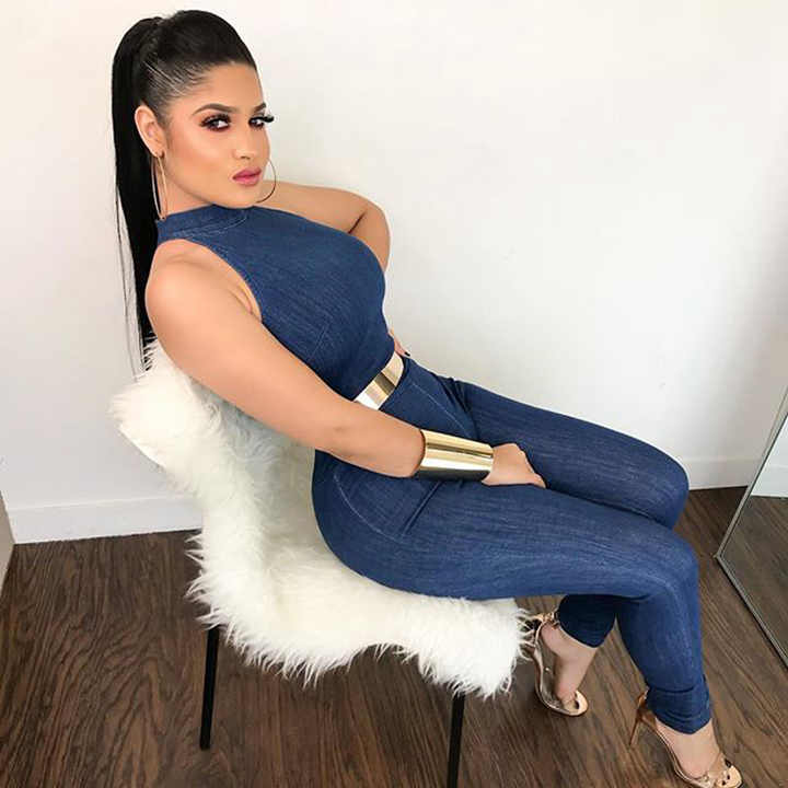 Denim Round Neck Lace Up Sleeveless Bodysuit-PS