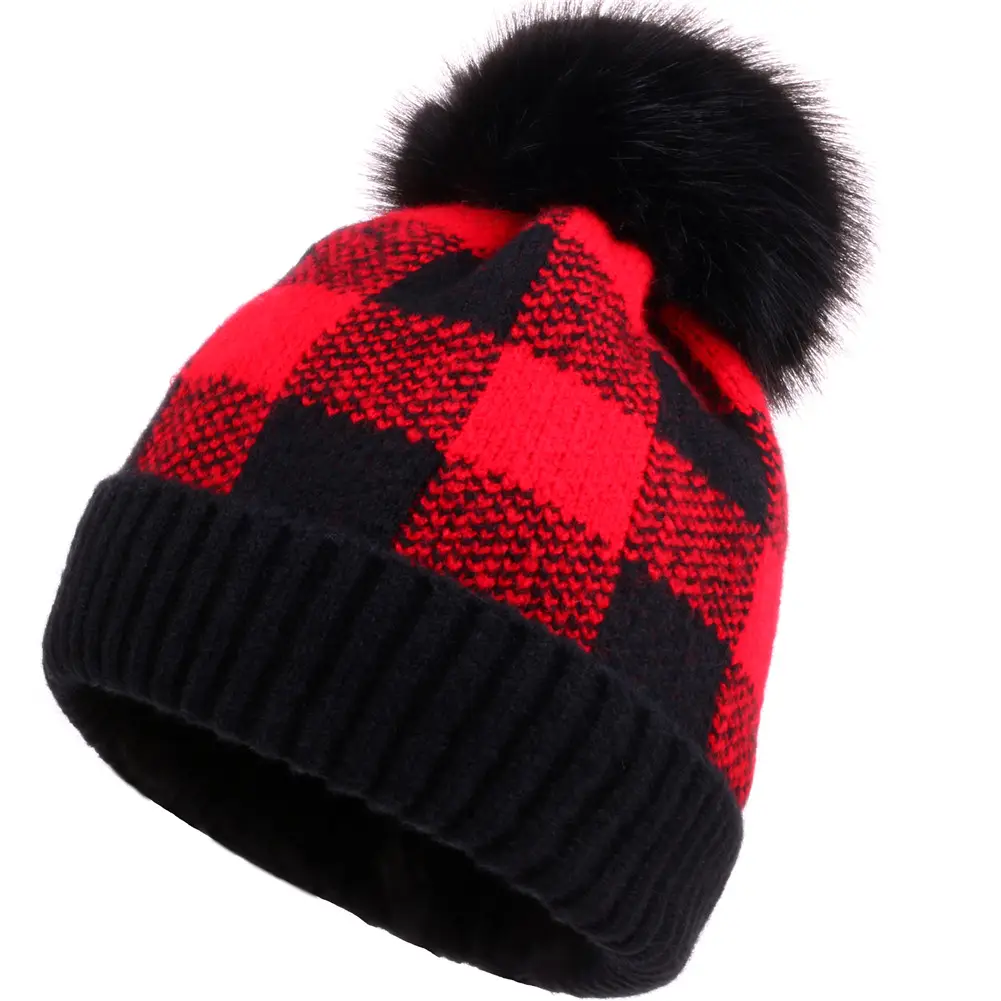 หมวกบีนนี่ไหมพรมสำหรับผู้หญิง,หมวกแก๊ปบัฟฟาโล่ลายสก็อตทำจากขนสัตว์เทียมหมวกสกีกันหนาวสำหรับฤดูหนาว