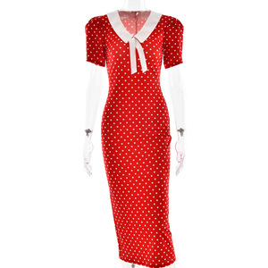 Robe moulante à pois col en V pour femme, manches courtes, taille naturelle, décontractée pour le quotidien, rouge et blanc contrastés - Product Image 5