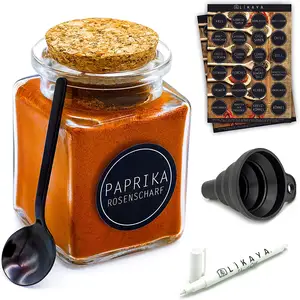 Spice sets of 12 Square 150 ml with Cork Lid, Labels, Metal Spoons, Silicone Funnel and White Pen