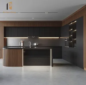 Armário de cozinha ultra preto design moderno, ilha de luxo completa cozinha armário de madeira