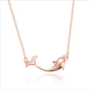 Colgante de delfín para mujer, Collar de plata de ley 925, colgante de diamante pulido galvanizado, joyería de oro rosa