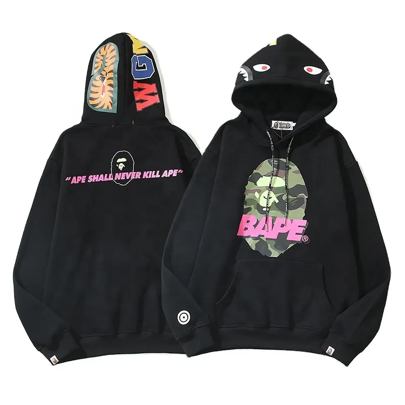 European American fashion trendy bape shark head pink letter printing men's hoodie pullover sweater